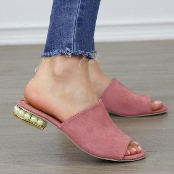 Shoes - Pink Vegan Suede Loafer Open Toe Sandal Pearl
